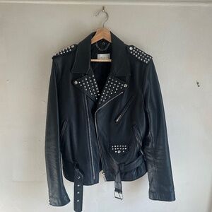 Men's Sandro studded leather biker jacket- size L